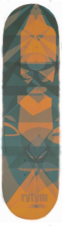 an orange, blue, and green board with a geometric design on it
